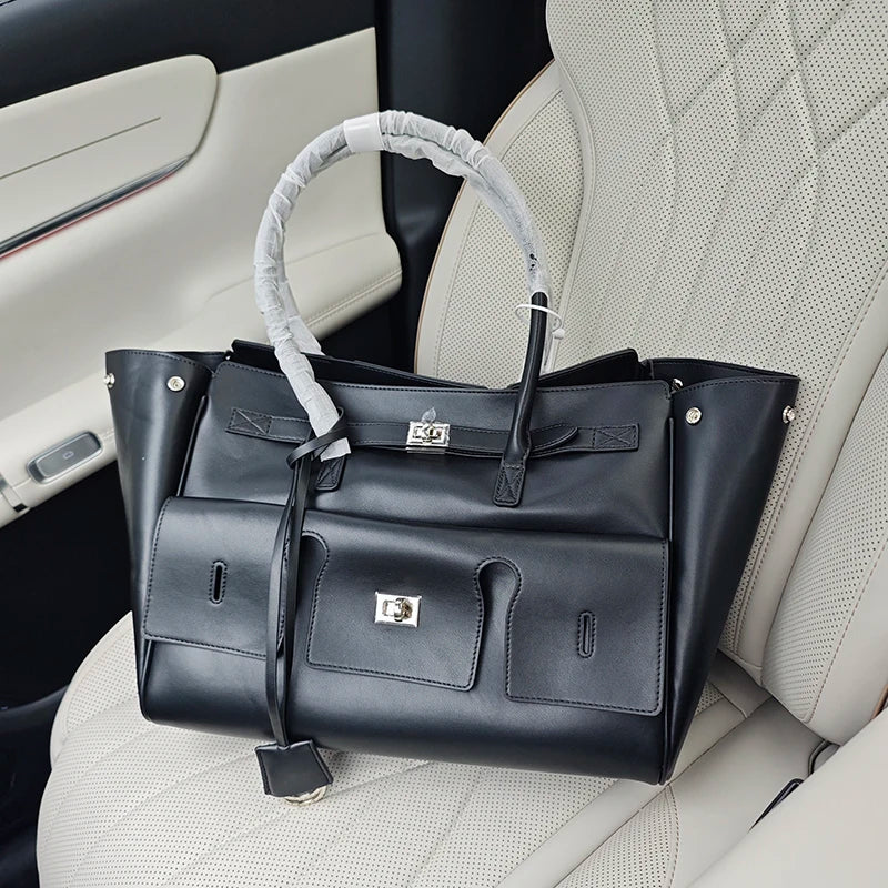 High-quality Soft PU Leather Brand Tote Bag, Lock Design Large-capacity Storage Handbag, Women Commuter Shoulder Bag For Daily