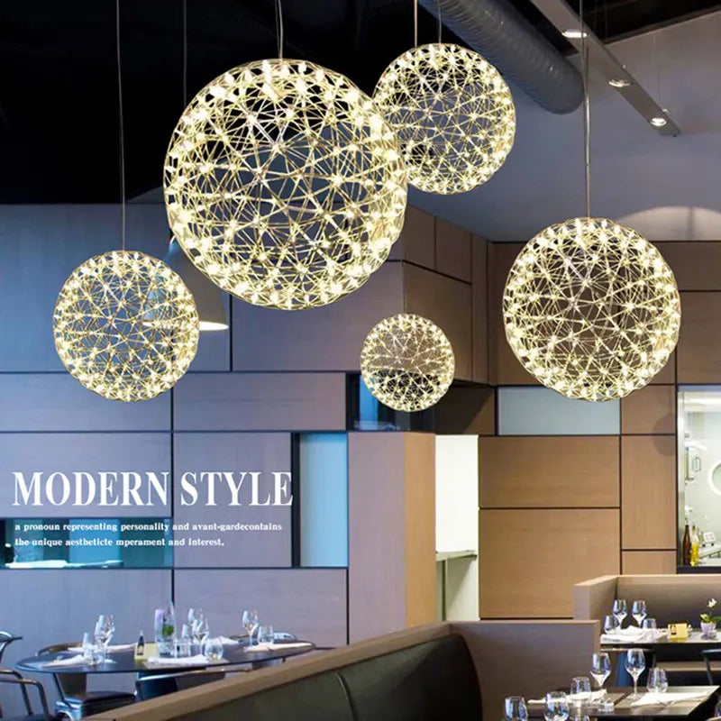 Modern Stainless Steel Spark Ball LED Pendant Light Dimmable Firework Dandelion Chandelier Loft Bar Bedroom Living Room Decor
