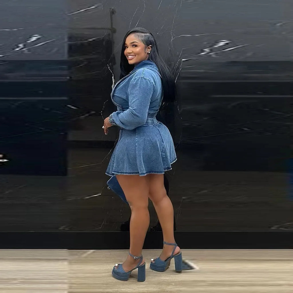 New TS1325 Women's Casual Washed Denim Short Skirt Set Fashionable Autumn Season Leisure Style Unisex Work Uniform Student Sc...