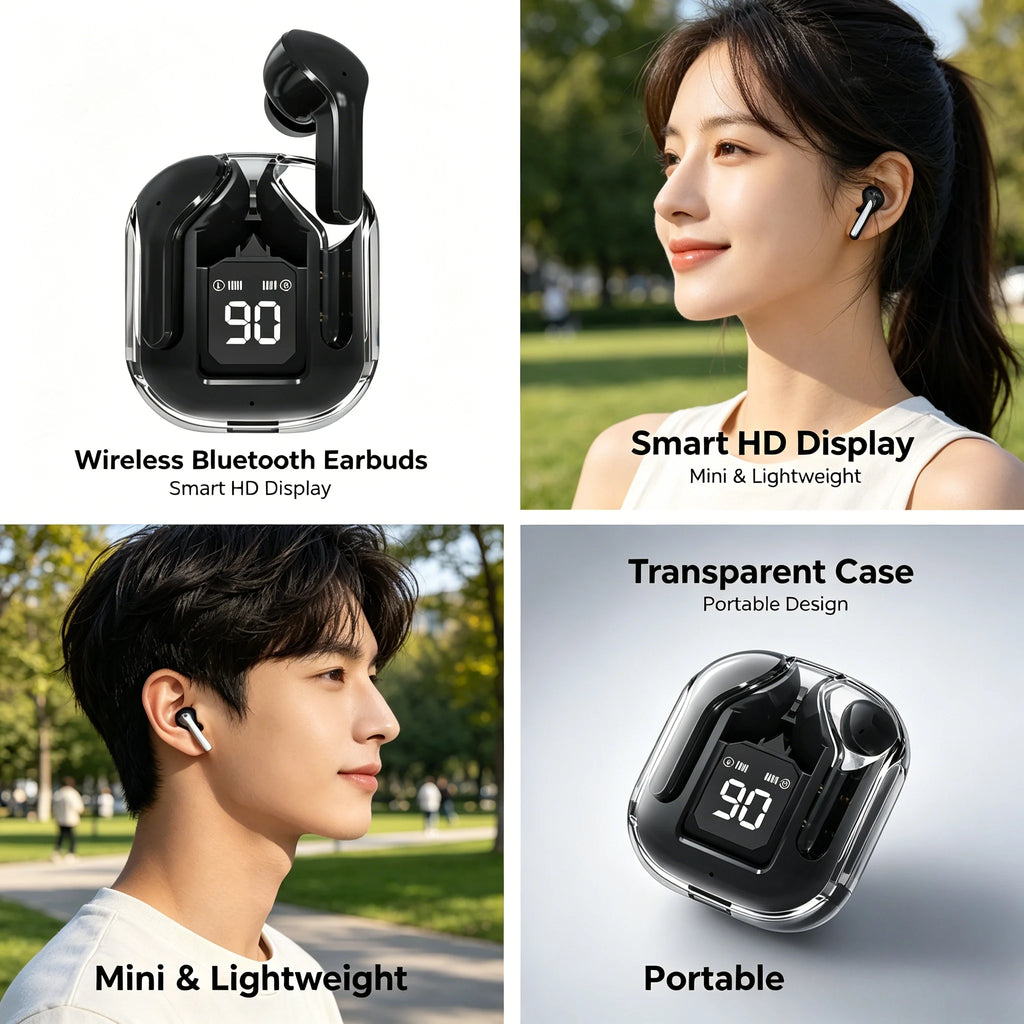 Transparent TWS Bluetooth Earphones Soft Silicone In-ear Design Wireless Sports Gaming Earbuds HiFi Stereo Audio LED Display