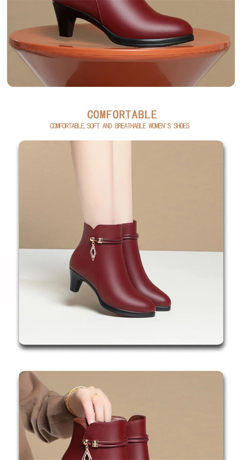 Comfort Fashion Soft Leather Winter Shoes Platform Boots 2024 Elegant Black Block High Heels Ankle Office Mom Boots