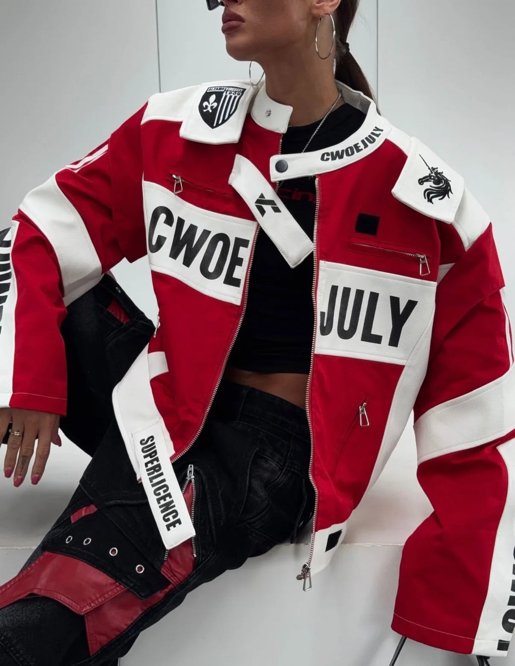 New Women Cropped Racing Jacket Red White Color Block Letter Print Zip Up Streetwear Moto Coat Women Hip Hop Daily Street Outfit