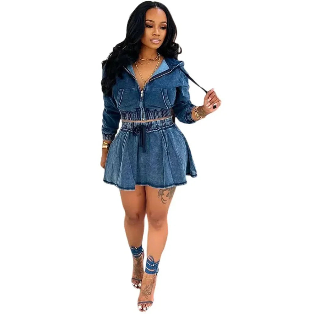 Women Two Piece Sets Skirt Set Denim Hooded Zipper Full Sleeve Tops Short Skirts A Line High Waist Y2k Streetwear Elegant 2026