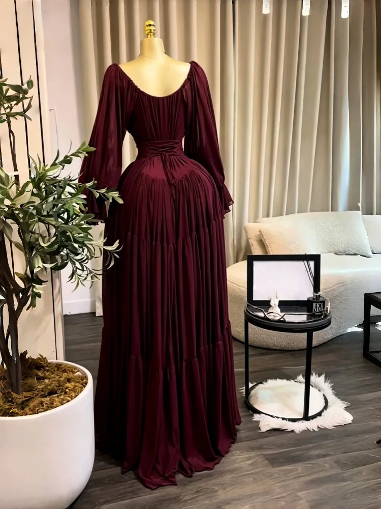 CM.YAYA 2026 Fall Winter Women Long Sleeve Slash Neck Long Maxi Dress Slim Evening Birthday Trendy Sexy Vacation Party Dresses