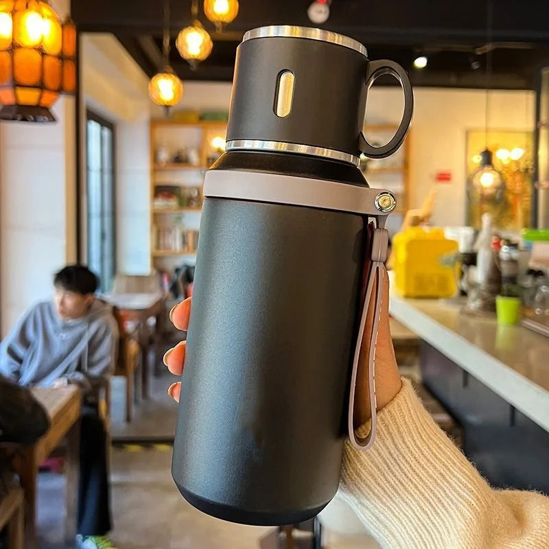 600ML Stainless Steel Insulated Bottle Double Wall Vacuum with Cup Lid Rope Handle Office Home Travel Thermos Coffee Cup Outdoor