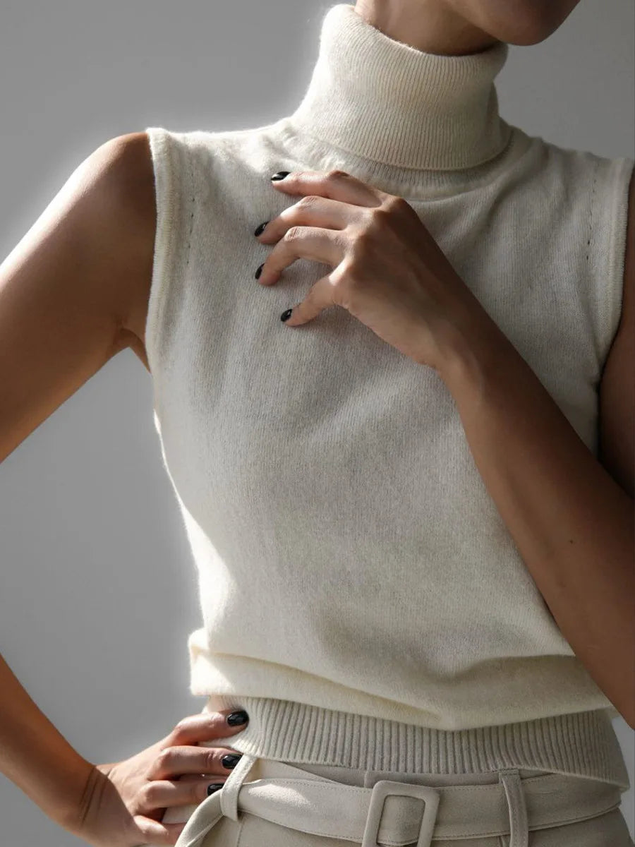 White Turtleneck Knitted Sleeveless Sweater For Women Elegant Knit Warm Tank Tops Sweaters Autumn Clothing Brown Blue Gray Red