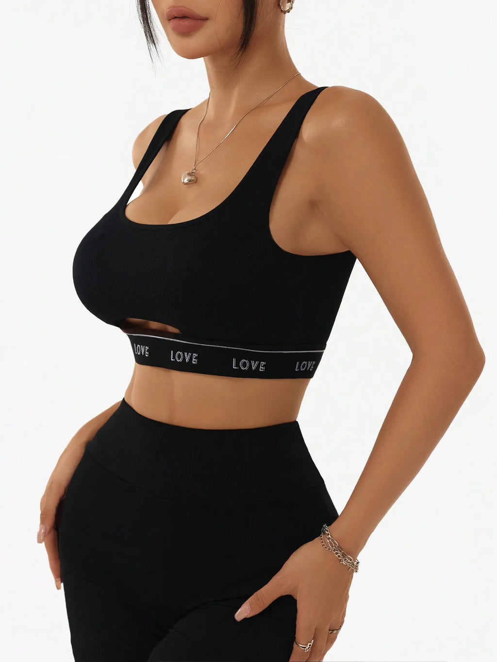 Women Ribbed U Neck Sports Bra Letter LOVE Print Band Mid Cutout Sleeveless Yoga Crop Top Gym Workout Fitness Tank Vest