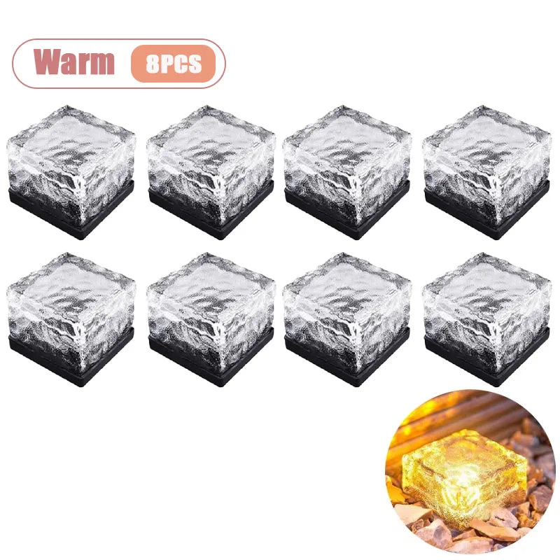 1-8PCS Garden Yard Decor Solar Ice Cube Lights Glass Brick Landscape Square Glass Outdoor Pathway Illumination Lamps