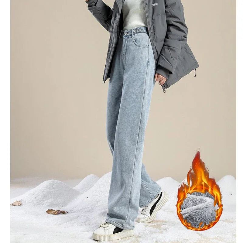 Hot Sale Winter Lady Thermal Plush High Waist Jeans Girls Snow Warm Denim Pants Women Classic Fleece Straight Leg Trousers