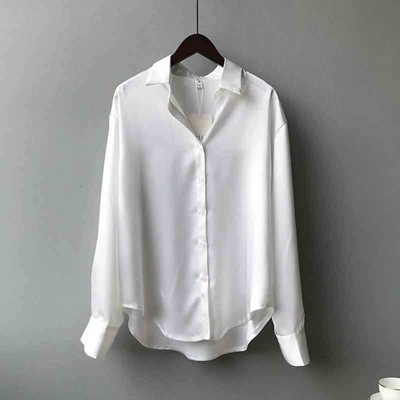 Fall Turn-down Collar Elegant Satin Loose Women Shirt 2026 Plus Size Blouse Autumn Vintage Casual Button Silk Tops