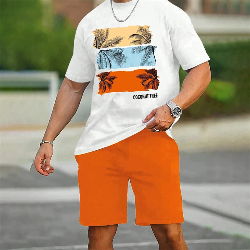 Summer New Men's Short-sleeved Hawaiian Print Two-piece Beach Vacation Breathable Short-sleeved With Drawstring Loose Shorts