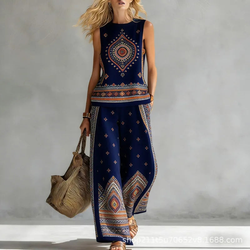 New Fashion Retro Printed Sleeveless Tops Trousers 2-piece Sets Women's Summer Casual Vest Loose Wide Leg Trousers Female Suit