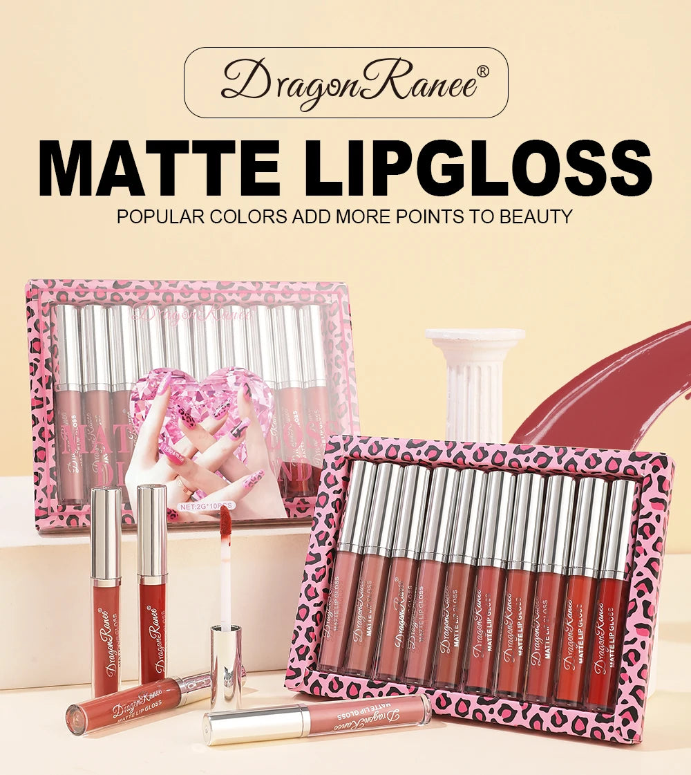 Lip Gloss Set of Ten in a Box, Velvet Soft Matte, Brightening, Versatile, Moisturizing Lipstick, Nude Color, Long-Lasting, Non-Stick, Non-Fading Lip Gloss