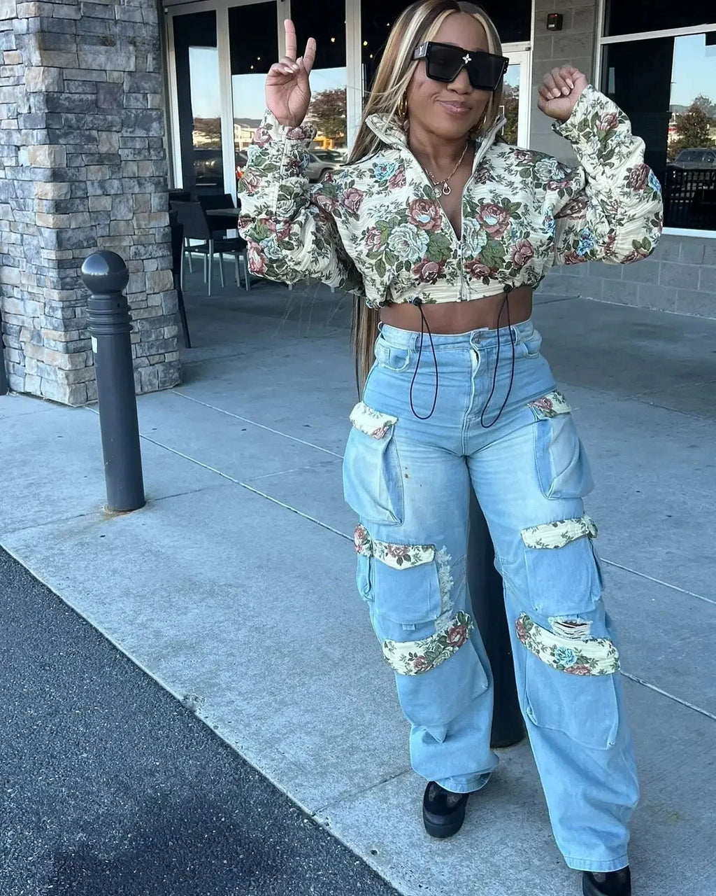 URBANCREW Floral Denim Jacket & Cargo Jeans Set — 2-Piece Streetwear