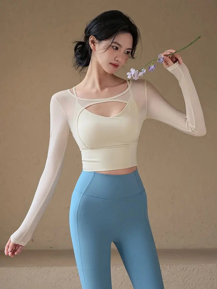 American Sle Yoga Clothes Long Sve T-irt Women Sexy Hollow out Me Splice Sports Fitn Top with Chest Pad