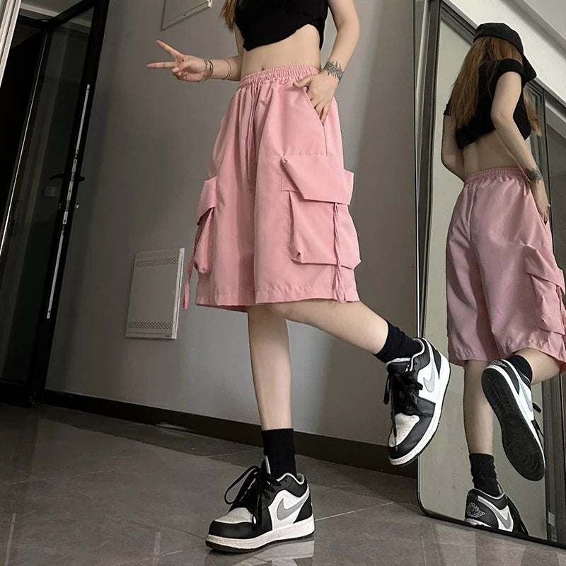 URBANCREW High-Waist Cargo Shorts — Loose Streetwear Fit