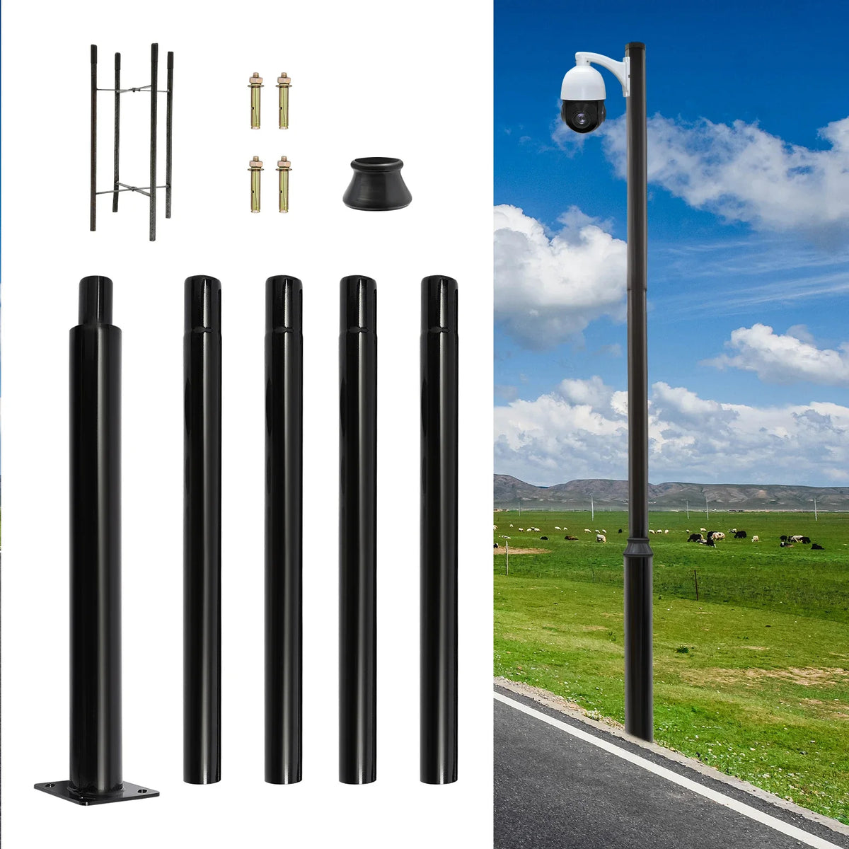 Street Light Pole, Street Lamp Post, Split Street Lamp Post, 5m Tall Outdoor Iron Pole, Galvanized Baking Paint Black, Floor Mounted, Load Capacity 100kg, for Solar Light Garden Light Surveillance Camera, Street Yard Parking