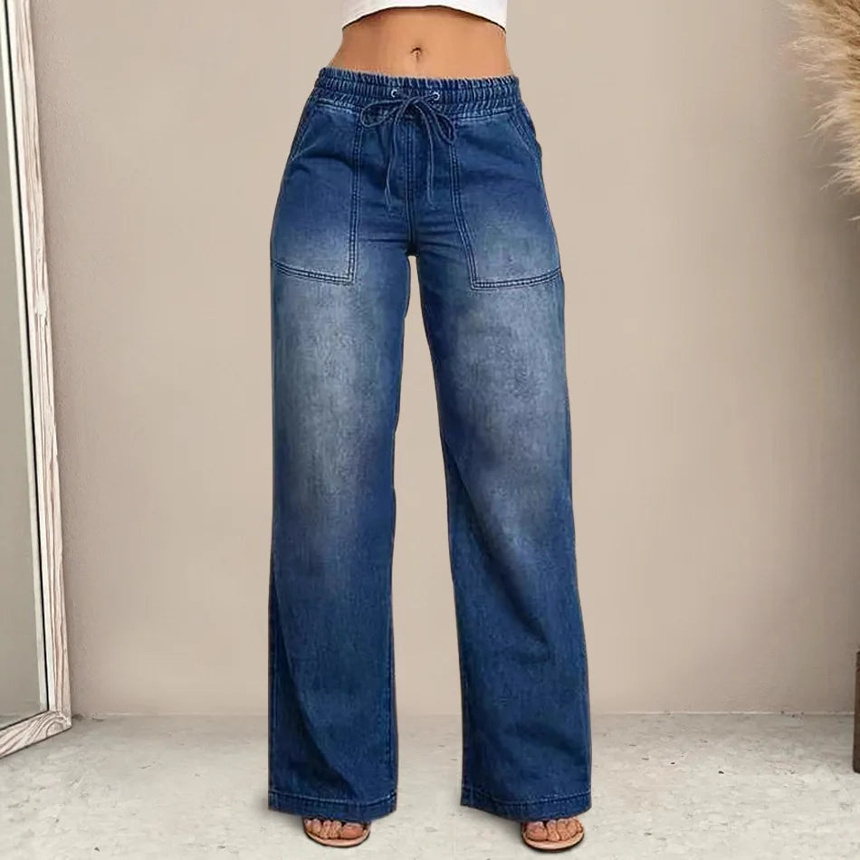 Chic High Waist Drawstring Denim Pants Women's Straight Wide Leg Jeans Fashion Trousers