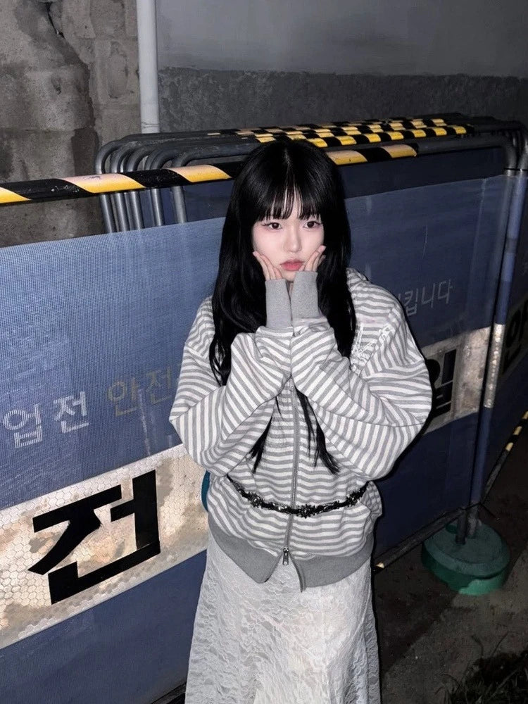 Streetwear BF Hoodies Coats 2025 Women's Clothing Loose Striped Hooded Sweatshirts Casual Fashion Zipper Korean Hoodie Y2k Tops
