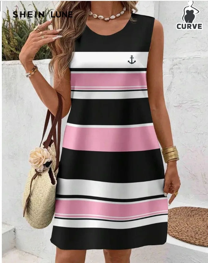 Women's Casual Summer Dress Sleeveless Loose Fit Round Neck Pullover Mid Length 3D Print for Women Beach Camping Hiking Outfit