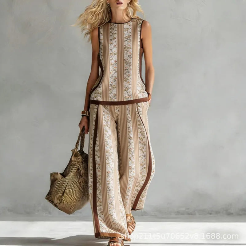 New Fashion Retro Printed Sleeveless Tops Trousers 2-piece Sets Women's Summer Casual Vest Loose Wide Leg Trousers Female Suit