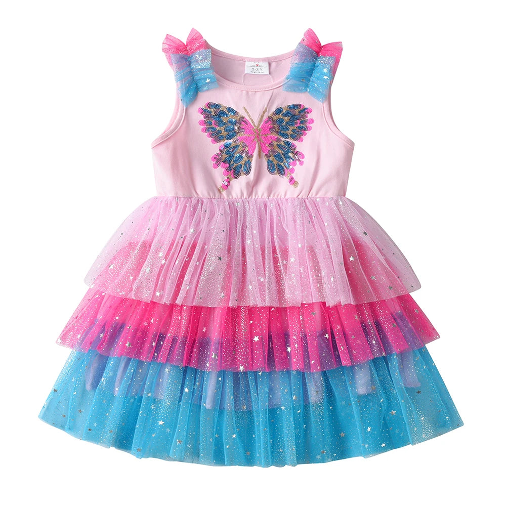 DXTON Kids Toddler Birthday Party Dresses Applique Butterfly Children Summer Holiday Clothing Sleeveless Kids Mesh Girls Dress