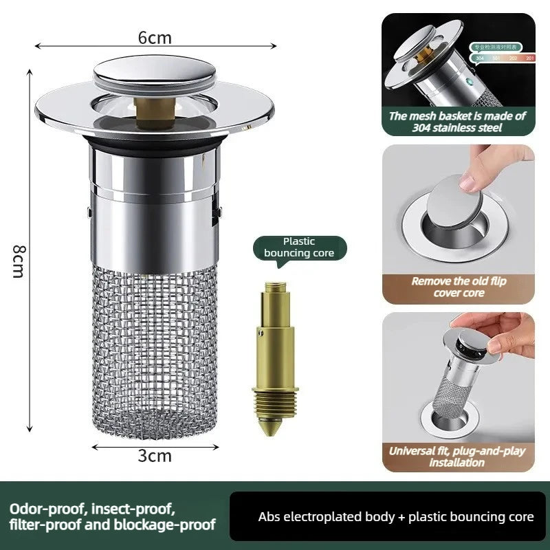 Stainless steel filter washbasin leak proof plug bathroom kitchen sink floor drain plug, equipped with copper core rebound valve