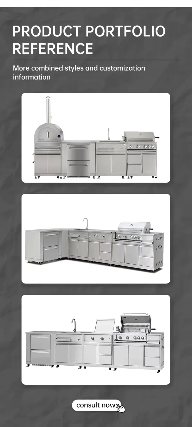 Luxury Outdoor Kitchen Island Set with Built-in Gas BBQ Grill, Pizza Oven & Storage Drawers Prefabricated Patio Cooking Station