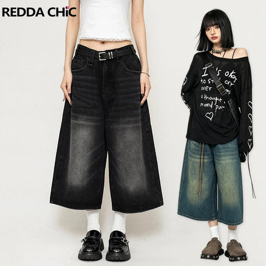 REDDACHiC Boyfriend Style Women Whiskers Denim Shorts Big Size Vintage Casual Wide Pants Baggy Jeans Jorts Grunge Y2k Streetwear