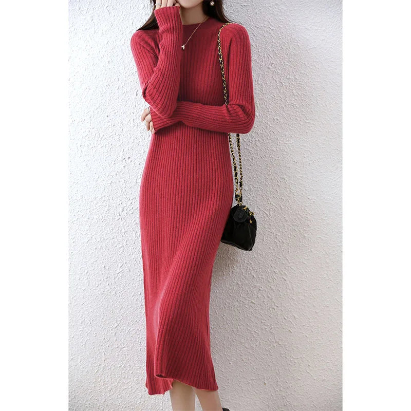 Cashmere Sweater Womens Dresses 100% Merino Wool Autumn Winter New Elegant Knitted Long Dress Female Casual Warm Skirts Vestidos