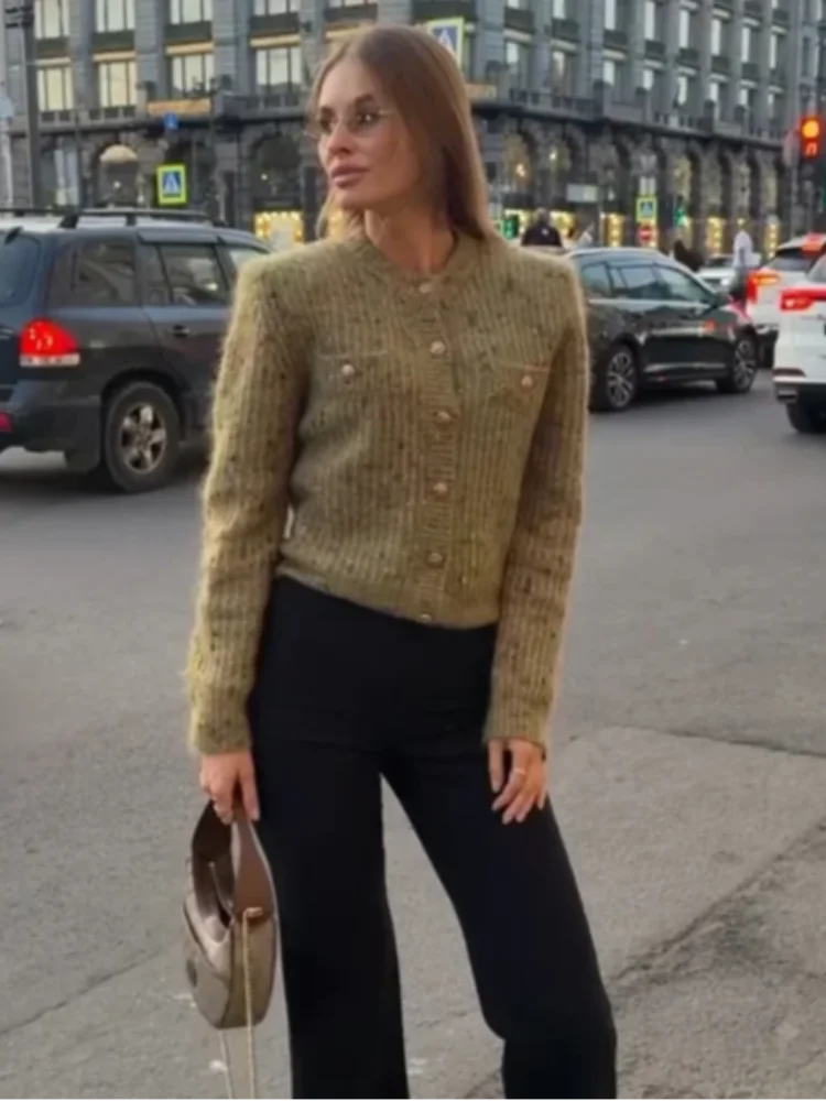 Women Cropped Knit Cardigan Speckled Round Neck Metal Button Front Long Sleeve Slim Fit Knit Jacket Casual Ladies Outerwear