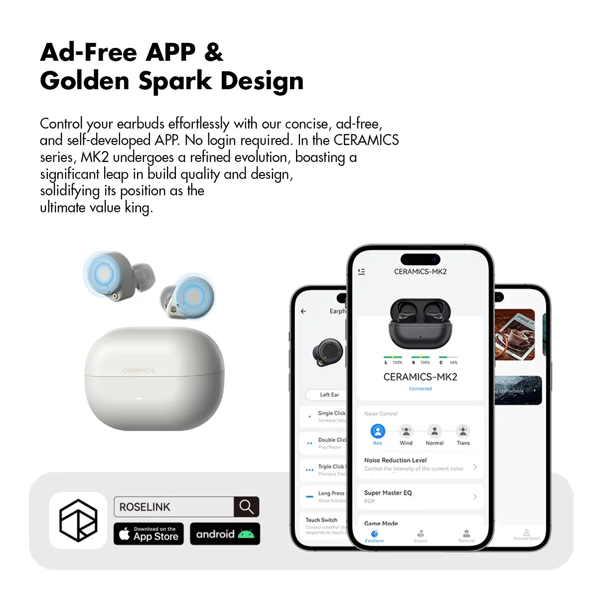 CERAMICS MK2 TWS Earbuds, 40dB ANC, Bluetooth 6.0, Hi-Res LDAC, IPX4 Sweatproof, 45H Playtime, HD Mics, Game Mode, Dual Connect