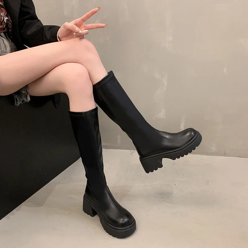 Autumn and Winter New Round Head Thick Sole Retro Heightening Mid-calf Boots with Velvet Warm and Comfortable Fashion Show Boots