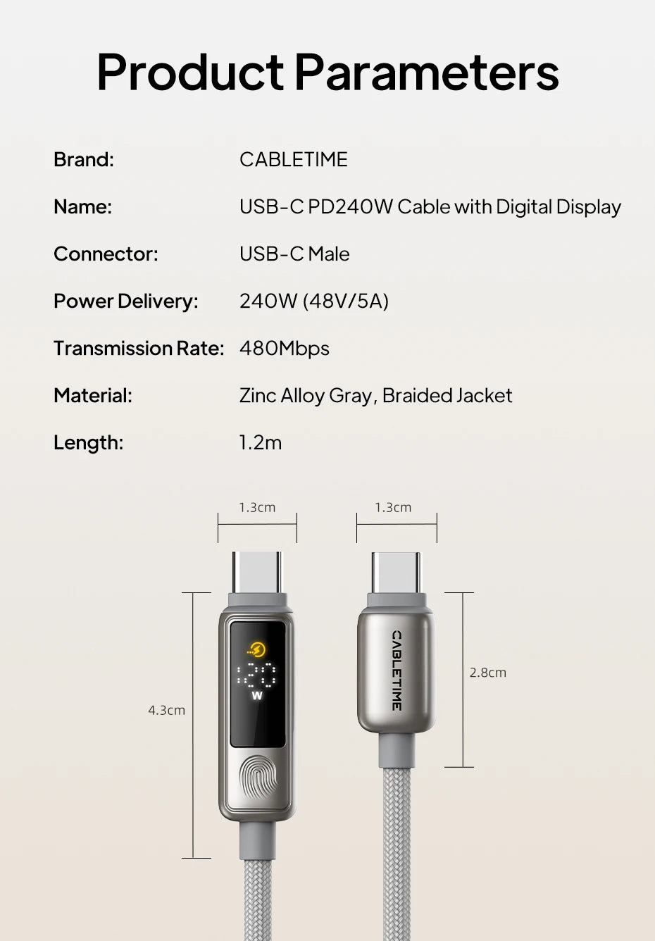 CABLETIME 240W USB C Cable Fast Charging Cable Data Sync Type C Display Cable for iPhone Duo iphone 18/17 Huawei MacBook Laptop