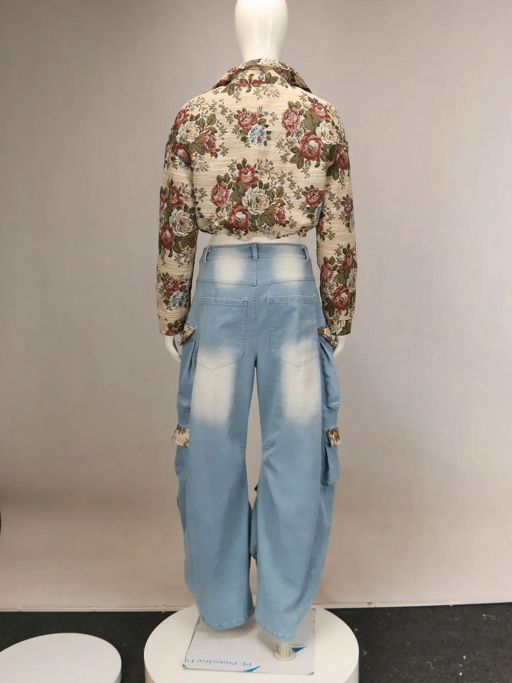URBANCREW Floral Denim Jacket & Cargo Jeans Set — 2-Piece Streetwear