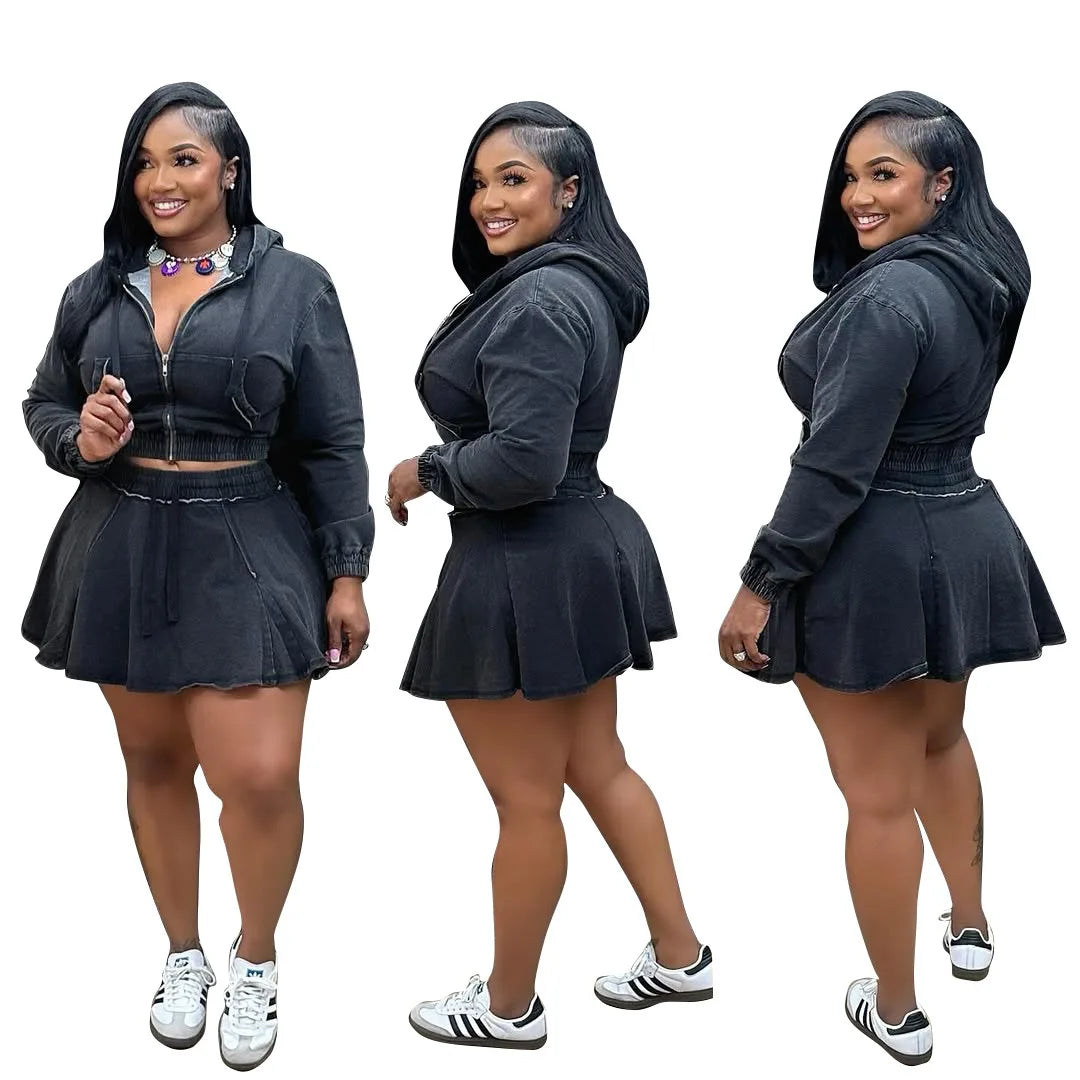 New TS1325 Women's Casual Washed Denim Short Skirt Set Fashionable Autumn Season Leisure Style Unisex Work Uniform Student Sc...