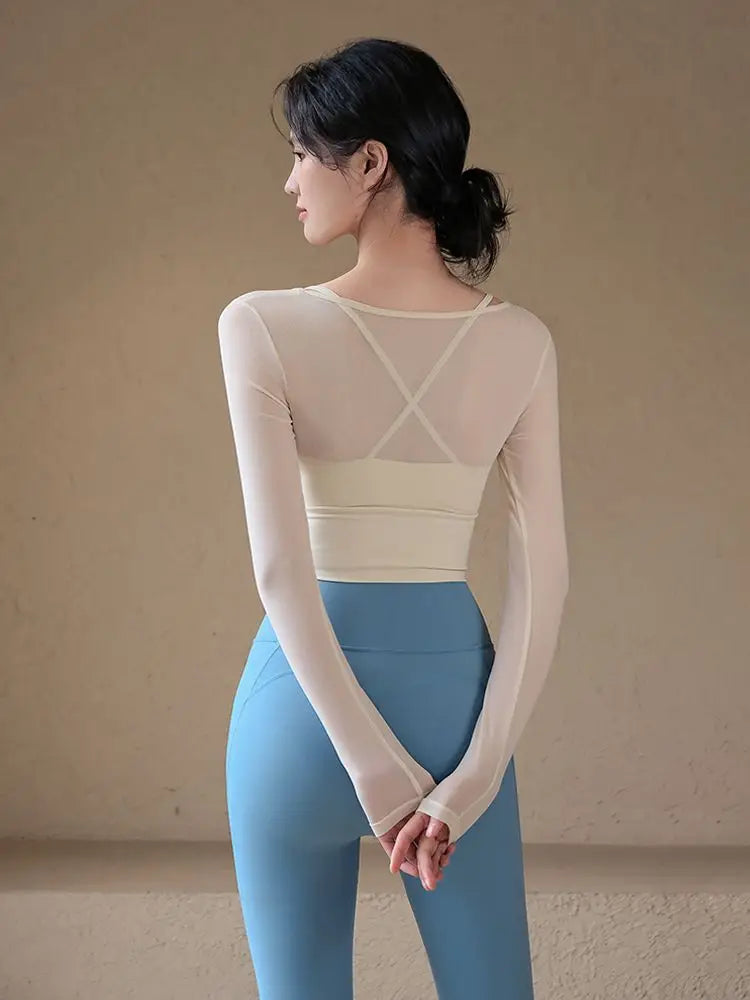American Sle Yoga Clothes Long Sve T-irt Women Sexy Hollow out Me Splice Sports Fitn Top with Chest Pad