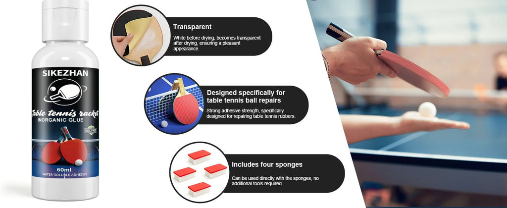 Table Tennis Glue 60ml with 3 Sponges - Professional Ping Pong Paddle Adhesive for Racket Assembly, Rubber Replacement & Repair