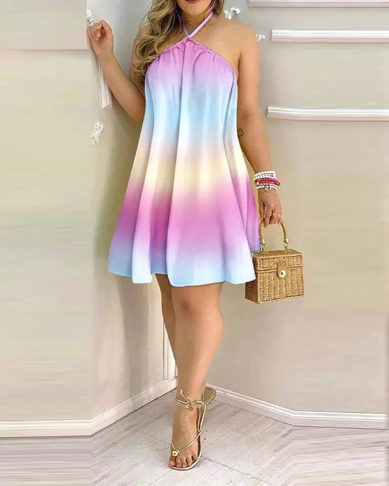 Summer Women Tropical Plant Print Halter Backless Mini Dress Loose Flowy A Line Beach Sundress Holiday Casual Short Dress