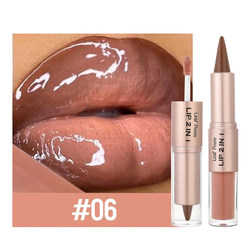 2IN1 Tapered Gradient Lipliner Pen Nude Brown Mirror Glass Lip Gloss Matte Lip Liner Waterproof Lip Contour Non Stick Makeup
