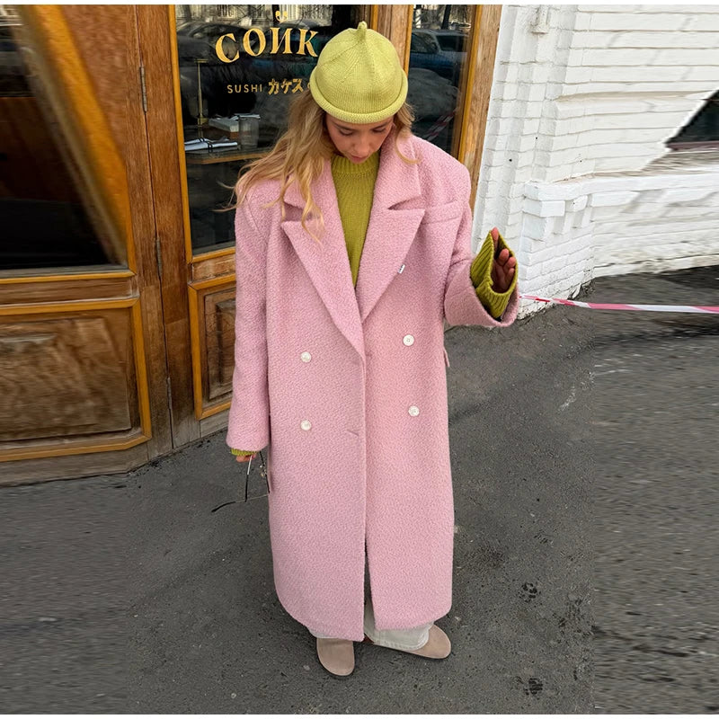 Elegant Women's Woolen Overcoat Solid Lapel Double Breasted Full Sleeve Long Coat 2026 Autumn Winter Fashion Lady Outwear