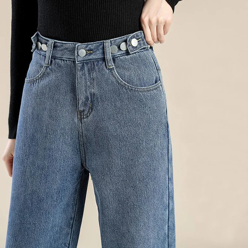 Hot Sale Winter Lady Thermal Plush High Waist Jeans Girls Snow Warm Denim Pants Women Classic Fleece Straight Leg Trousers