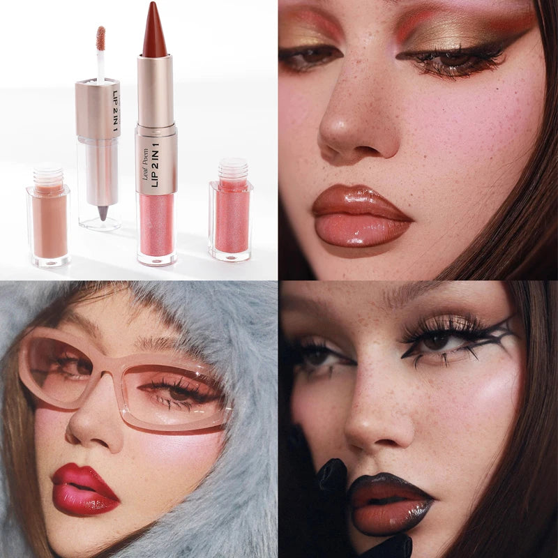 2 IN 1 Nude Brown Pink Mirror Lip Gloss Tapered Gradient Lipliner Contour Pencil Matte Lip Liner Waterproof Sexy Lipstick Makeup
