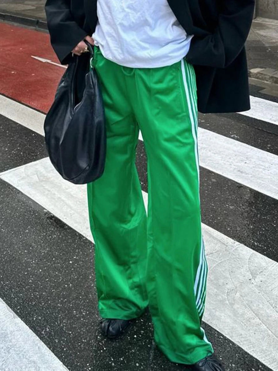New Fashion Womens Striped Pants Loose Elastic Waist Drawstring Straight Leg Casual Sweatpants With Pockets Streetwear S M L