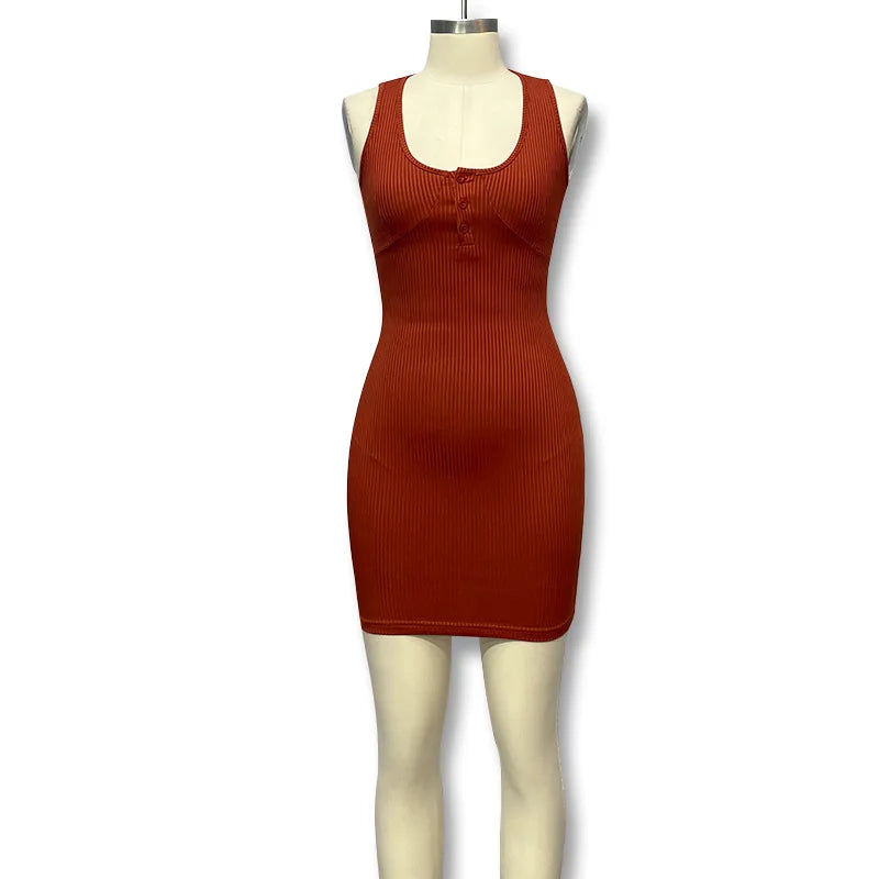 Women Sleeveless V Neck Half Button Ribbed Knit Bodycon Mini Club Dress