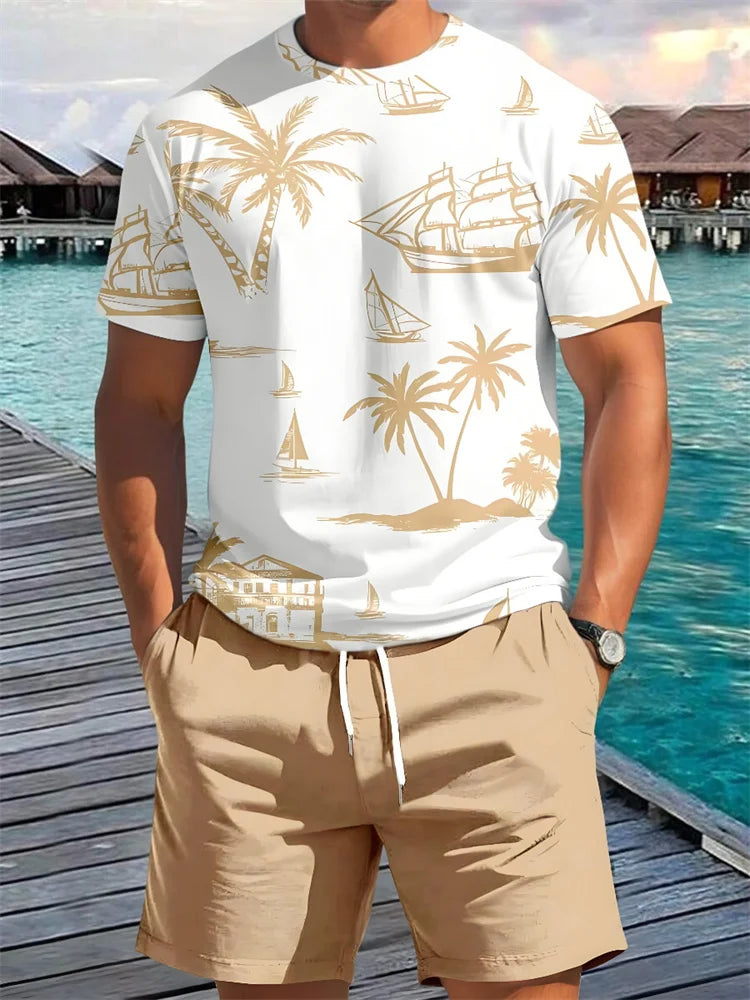 Summer New Men's Short-sleeved Hawaiian Print Two-piece Beach Vacation Breathable Short-sleeved With Drawstring Loose Shorts