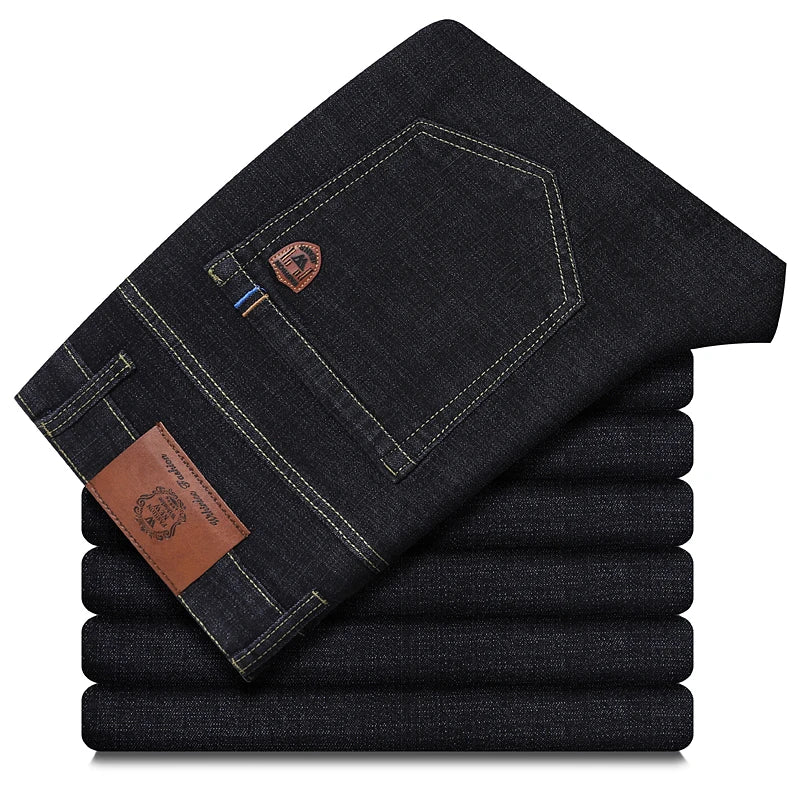 OUSSYU Brand Classic Retro Blue Men's Jeans Denim Pants Work Streetwear Straight Stretch Business Autumn Winter Cotton Trousers