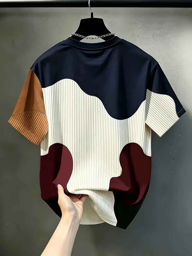 Men'S Casual Round Neck T-Shirt, Geometric Pattern Patchwork Striped Design, "Chicago" Word Pattern Top