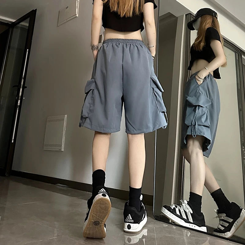 URBANCREW High-Waist Cargo Shorts — Loose Streetwear Fit