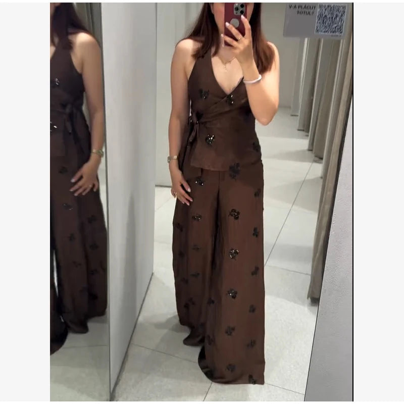 Fashion Floral Sequin 2-piece Outfit Women Tie Waist Wrap Sleeveless Top Wide Leg Pants 2026 Summer Lady Commute Street Outfits